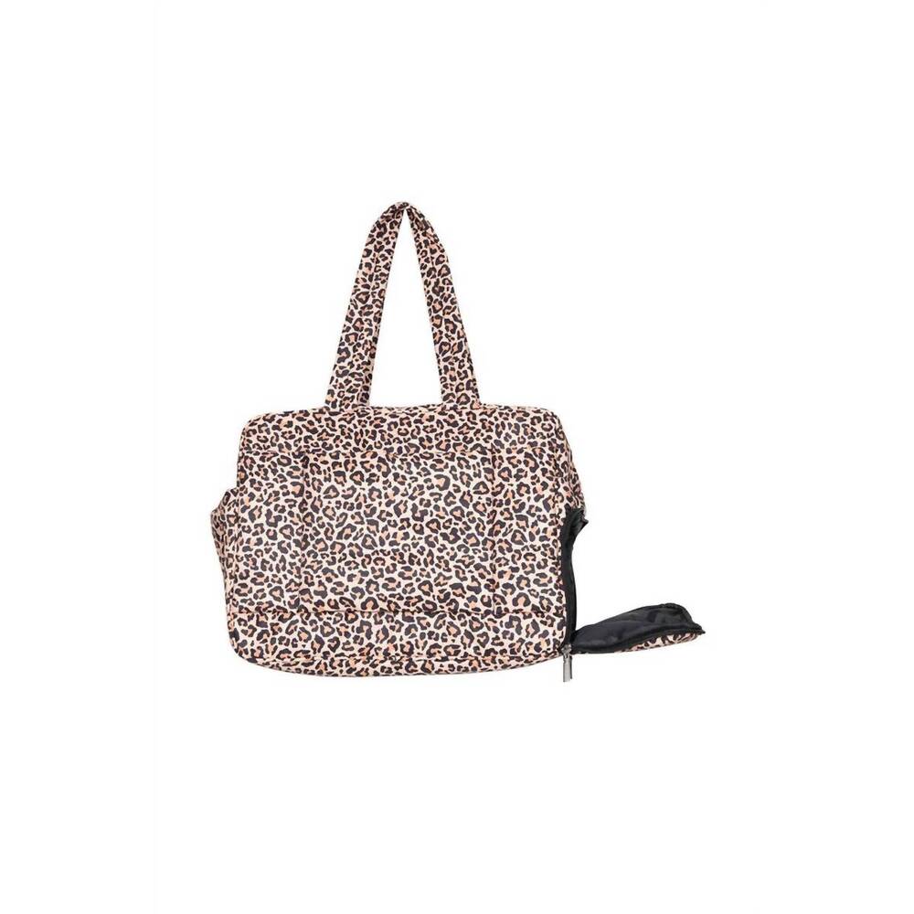 NEW KATYDID women's quilted duffel weekender bag in brown leopard print